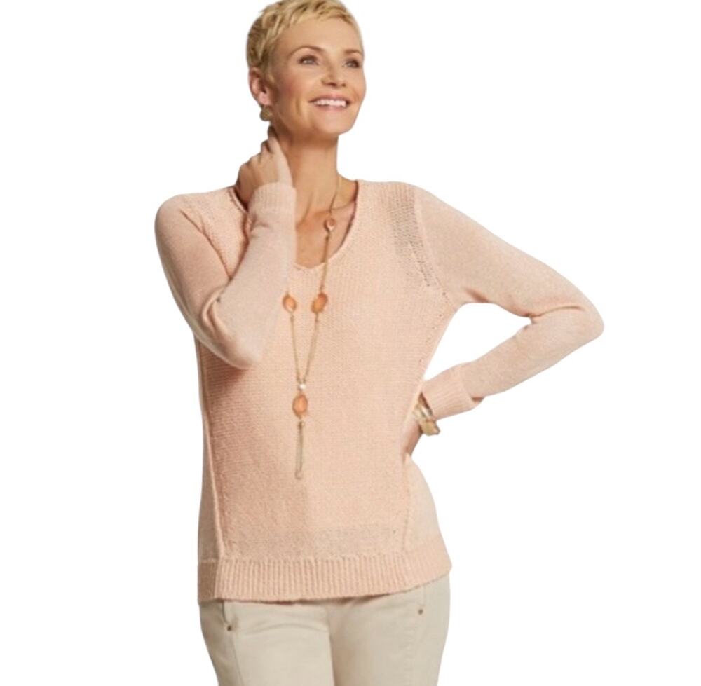 Chico’s Women’s Size 2(L-12) Shimmer Mylee Pullover Sweater Peach Froth NWT